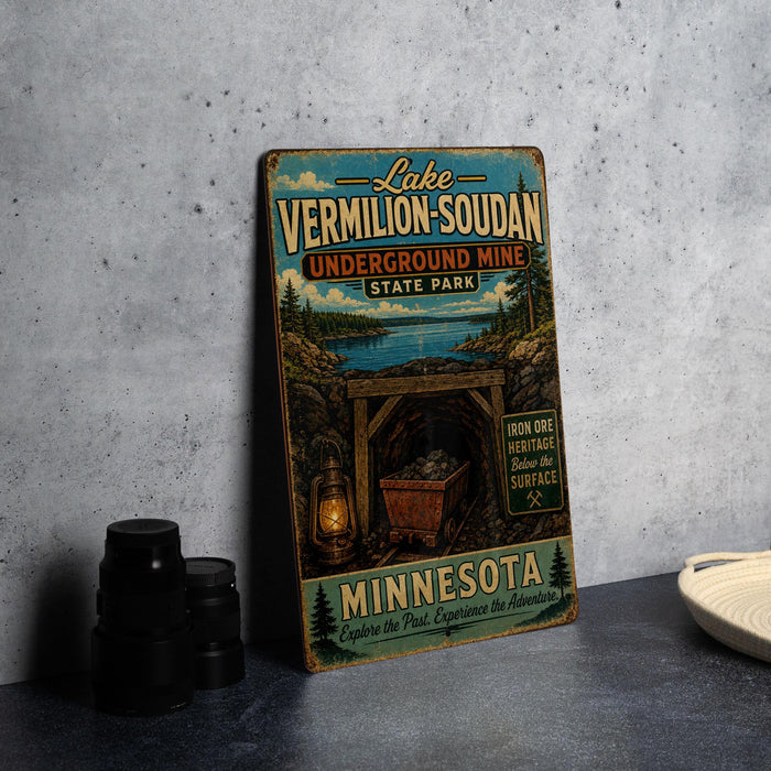 A vintage-style metal sign for Lake Vermilion-Soudan Underground Mine, located in Minnesota, with a scenic illustration of a cave and a lake.