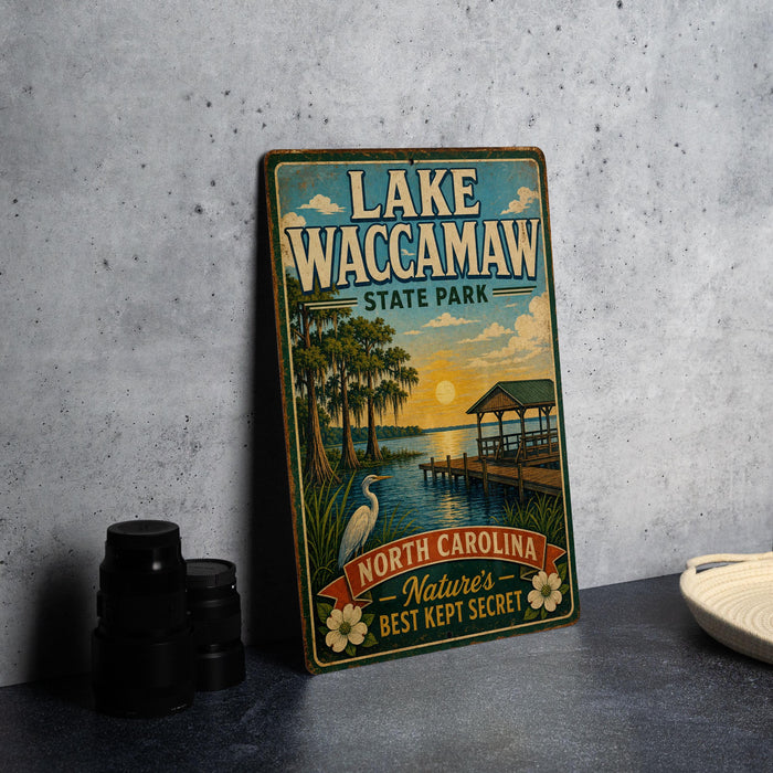 A vintage-style metal sign for Lake Waccamaw State Park, featuring a scenic illustration of the lake and surrounding nature.