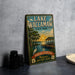 A vintage-style metal sign for Lake Waccamaw State Park, featuring a scenic illustration of the lake and surrounding nature.