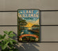 A vintage-style sign for Lake Waccamaw State Park, featuring a scenic illustration of a lake, dock, and surrounding nature.