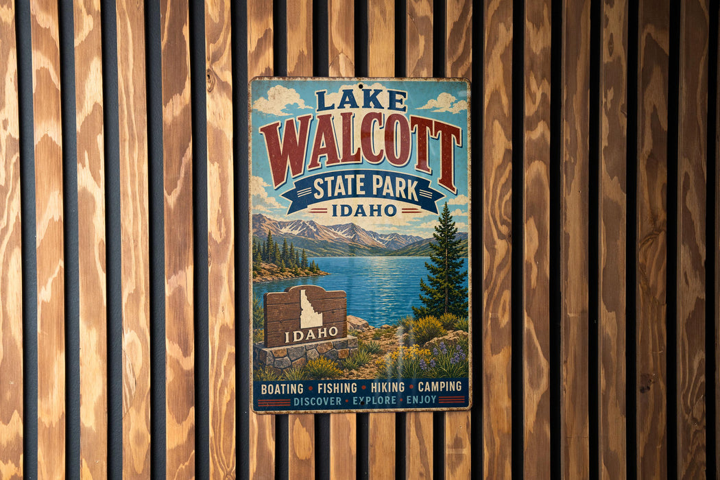 A vintage-style sign for Lake Walcott State Park in Idaho, featuring a scenic landscape with mountains, a lake, and a sign that says "Idaho".