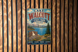 A vintage-style sign for Lake Walcott State Park in Idaho, featuring a scenic landscape with mountains, a lake, and a sign that says "Idaho".