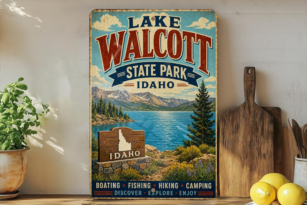 A vintage-style sign for Lake Walcott State Park in Idaho, featuring a scenic landscape with mountains, a lake, and a wooden sign displaying the state of Idaho.