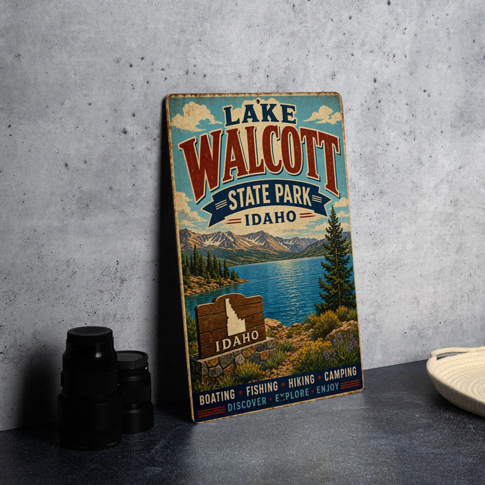 A vintage-style sign for Lake Walcott State Park in Idaho, featuring a scenic landscape with mountains, a lake, and a sign that says "Idaho".