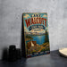 A vintage-style sign for Lake Walcott State Park in Idaho, featuring a scenic landscape with mountains, a lake, and a sign that says "Idaho".