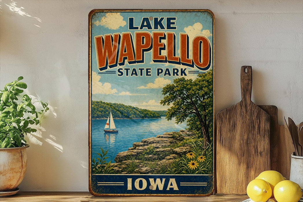 A vintage-style sign for Lake Wapollo State Park in Iowa, featuring a scenic landscape with a sailboat on the lake and lush greenery.