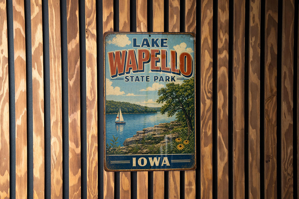 A vintage metal sign for Lake Wapelo State Park in Iowa, featuring a scenic landscape with a lake, sailboat, and surrounding trees.