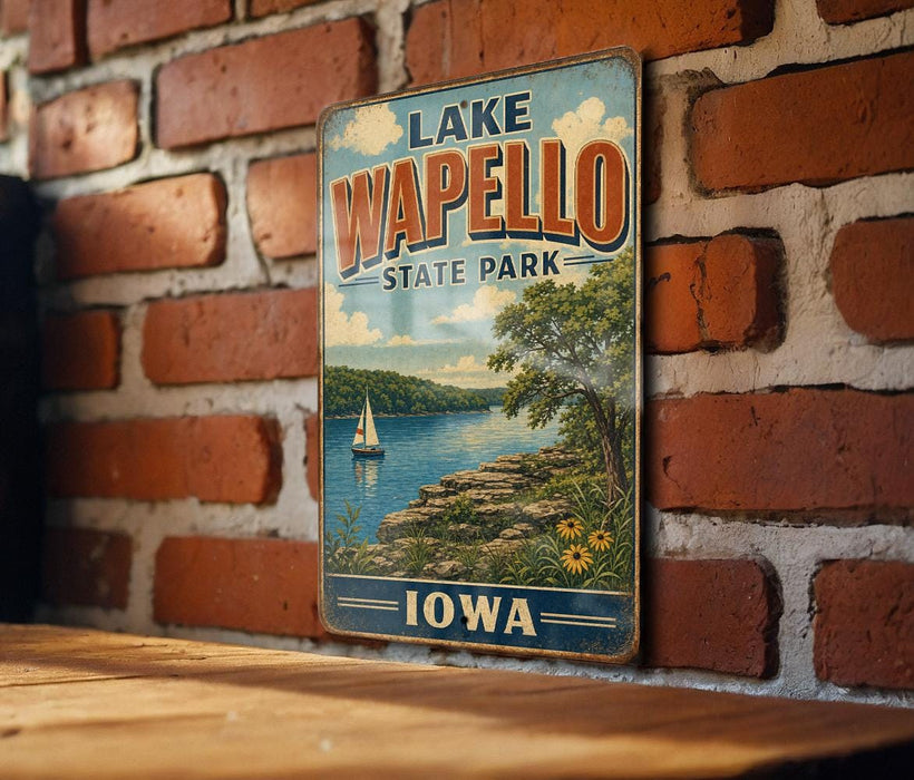A vintage-style metal sign for Lake Wapollo State Park in Iowa, featuring a scenic illustration of a lake, sailboat, and surrounding landscape.