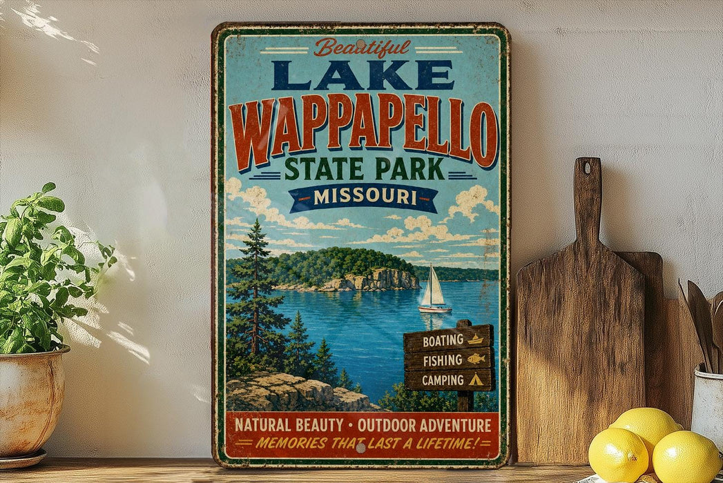 A vintage-style metal sign advertising Wippespelco State Park in Missouri, featuring a scenic image of the lake and surrounding landscape.