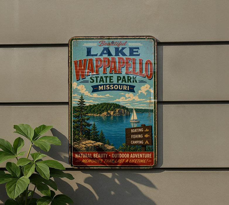 A vintage metal sign for Wappapello State Park in Missouri, featuring a scenic image of the lake and surrounding landscape.