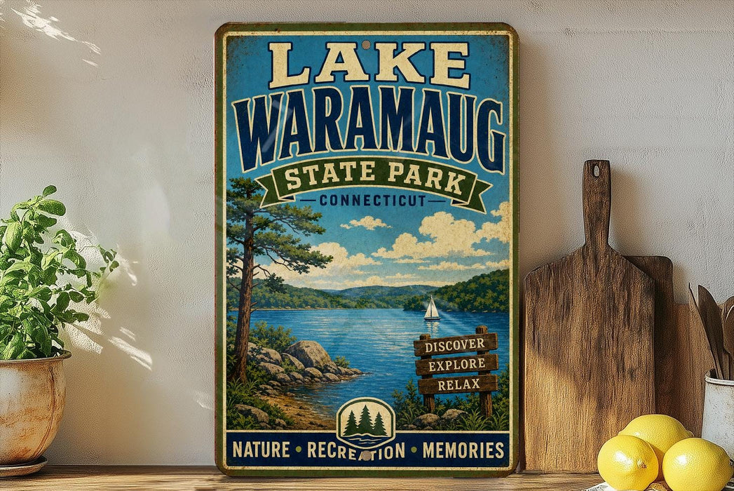 A vintage-style sign for Lake Waramaug State Park in Connecticut, featuring a scenic landscape with a lake, pine trees, and a sailboat.