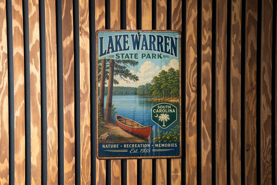 A vintage-style metal sign for Lake Warren State Park, featuring a scenic image of a lake, trees, and a canoe.