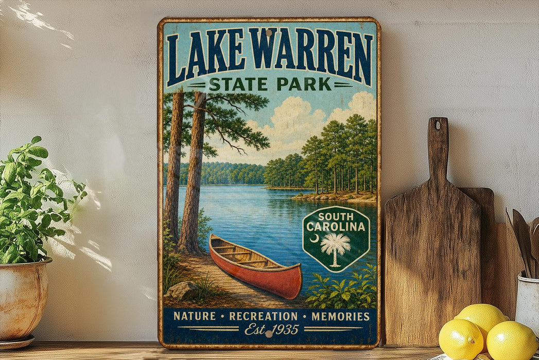 A vintage-style sign for Lake Warren State Park, featuring a scenic image of a lake, pine trees, and a canoe.
