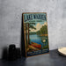 A vintage-style sign for Lake Warren State Park, featuring a scenic illustration of a lake, trees, and a canoe, along with the text "Lake Warren State Park" and "South Carolina".