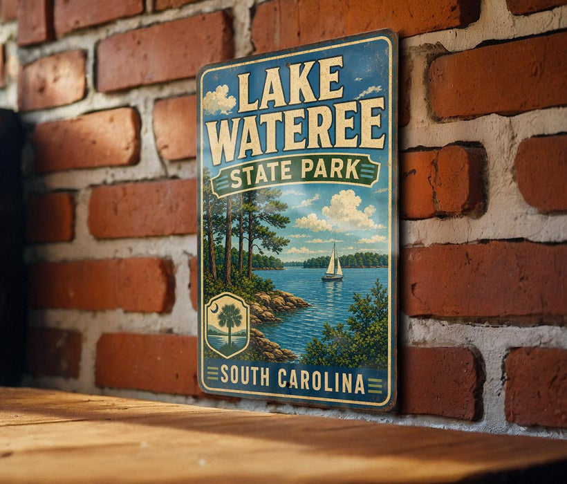 A vintage-style sign for Lake Wateree State Park in South Carolina, featuring a scenic illustration of a lake, trees, and a sailboat.