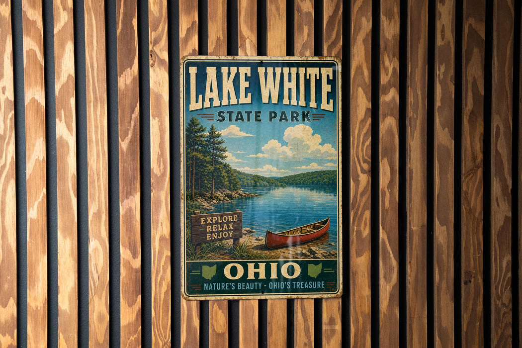 A vintage-style metal sign for Lake White State Park, featuring a scenic image of a lake with a canoe, mounted on a wooden wall.