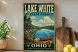 A vintage-style sign for Lake White State Park in Ohio, featuring a scenic image of a lake, pine trees, and a canoe.