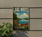 A vintage-style sign for Lake White State Park in Ohio, featuring a scenic image of a lake, canoe, and trees.