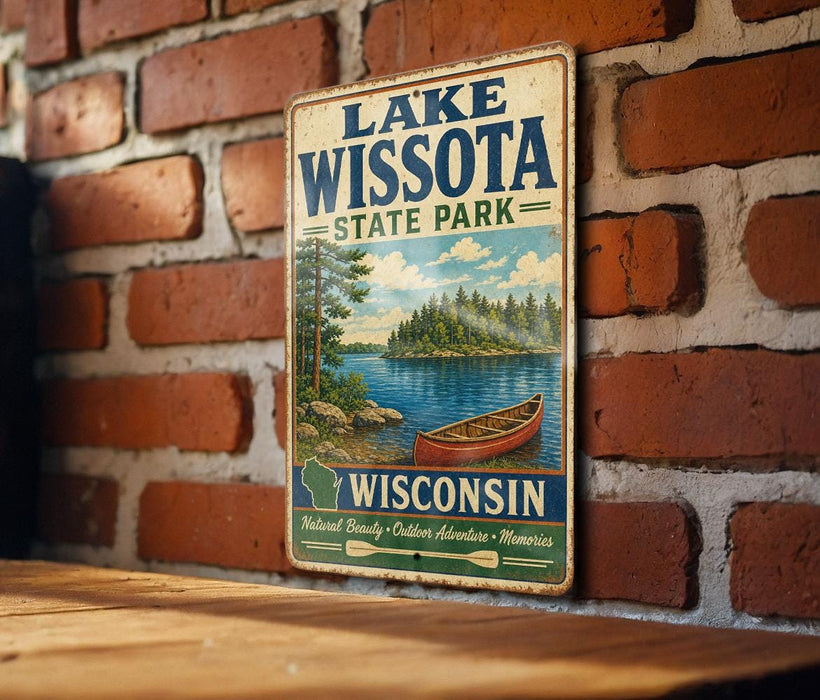 A vintage metal sign for Lake Wissota State Park in Wisconsin, featuring a scenic illustration of a lake with a canoe and surrounded by trees.