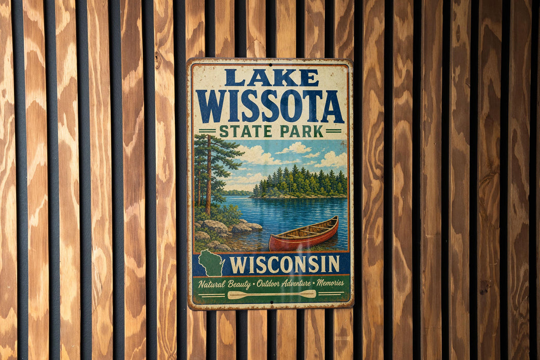 A vintage metal sign for Lake Wissota State Park in Wisconsin, featuring a scenic illustration of a lake, trees, and a canoe.