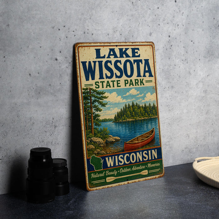 A vintage-style metal sign for Lake Wissota State Park in Wisconsin, featuring a scenic illustration of a lake, canoe, and trees.