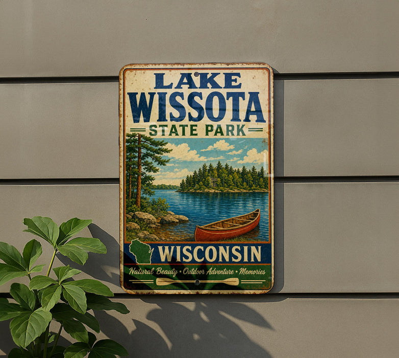 A vintage metal sign for Lake Wissota State Park in Wisconsin, featuring a scenic illustration of a lake, canoe, and surrounding landscape.