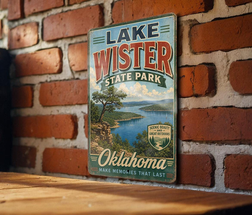 A vintage-style sign for Lake Wister State Park in Oklahoma, featuring a scenic landscape with a lake and mountains.