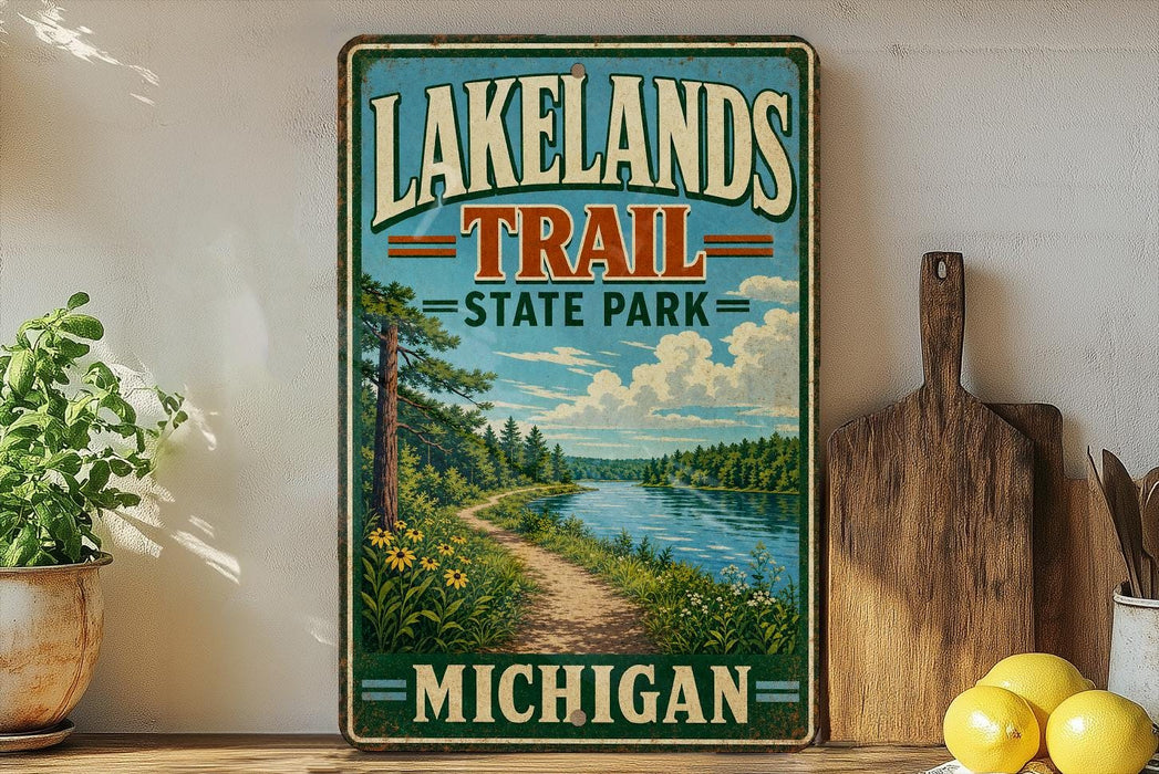 A vintage-style sign for Lakelands Trail State Park in Michigan, featuring a scenic landscape with a river, trees, and a path leading through the greenery.