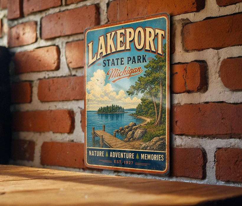 A vintage-style metal sign for Lakeport State Park in Michigan, featuring a scenic landscape with a wooden dock, trees, and a lake.