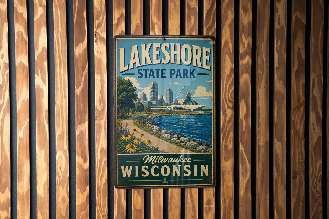 A vintage-style metal sign for Lakeshore State Park in Milwaukee, Wisconsin, featuring a scenic image of the park and its surroundings.