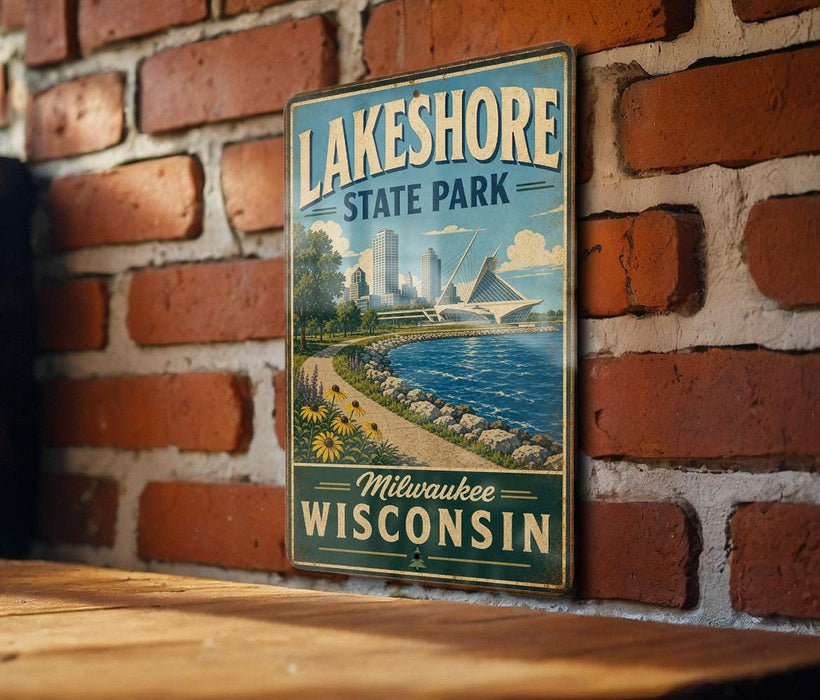 A vintage metal sign for Lakeshore State Park in Milwaukee, Wisconsin, featuring a scenic image of the park and its surroundings.