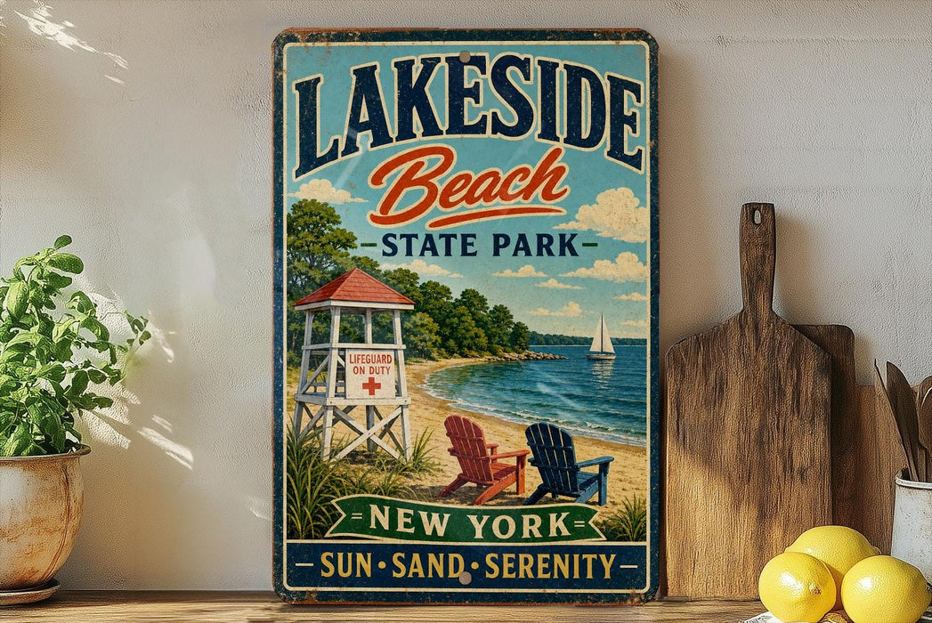 A vintage-style sign for Lakeside Beach State Park, featuring a lifeguard tower, beach chairs, and a sailboat on the water.