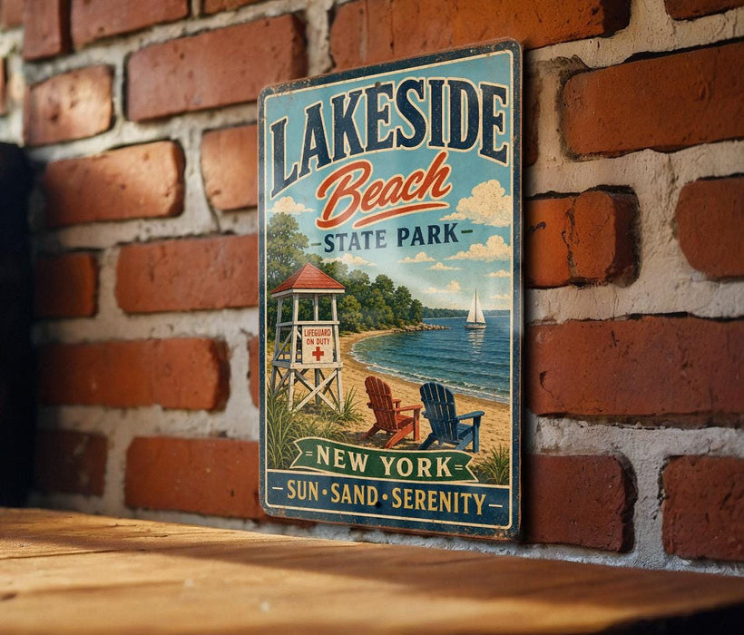 A vintage metal sign for Lakeside Beach State Park, featuring a lifeguard tower, beach chairs, and a scenic view of the ocean.