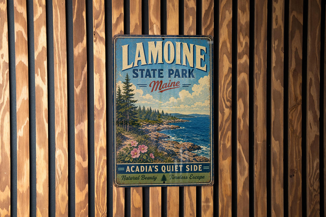 A vintage metal sign for Lamoine State Park in Maine, featuring a scenic landscape with pine trees, a rocky coastline, and a blue sky with clouds.
