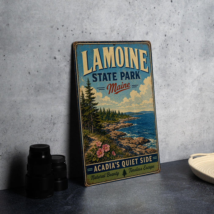 A vintage-style metal sign for Lamoine State Park in Maine, featuring a scenic landscape with pine trees, rocks, and a body of water.