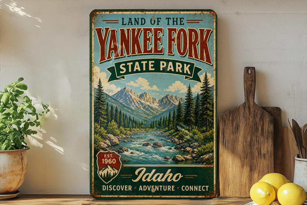 a vintage-style sign for the Land of the Yankees Fork State Park in Idaho, with a scenic mountain landscape and a river.