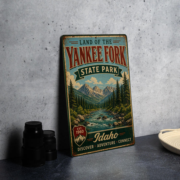A vintage-style sign for the Land of the Yankee Fork State Park in Idaho, featuring a scenic mountain landscape and a river.