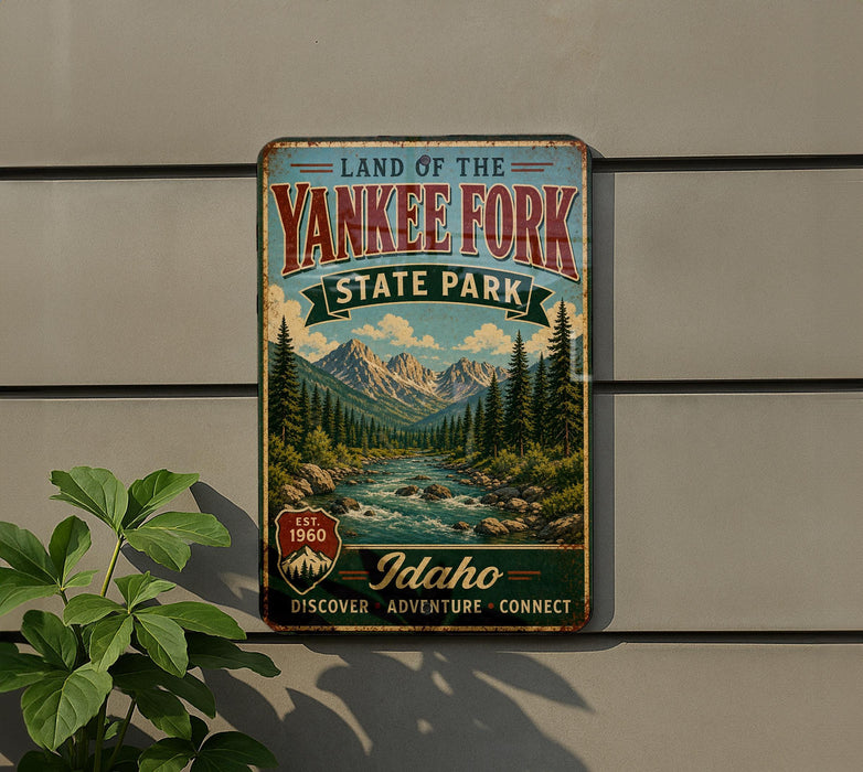 A vintage-style metal sign for the Land of the Yankee Fork State Park in Idaho, featuring a scenic mountain landscape with a river and pine trees.