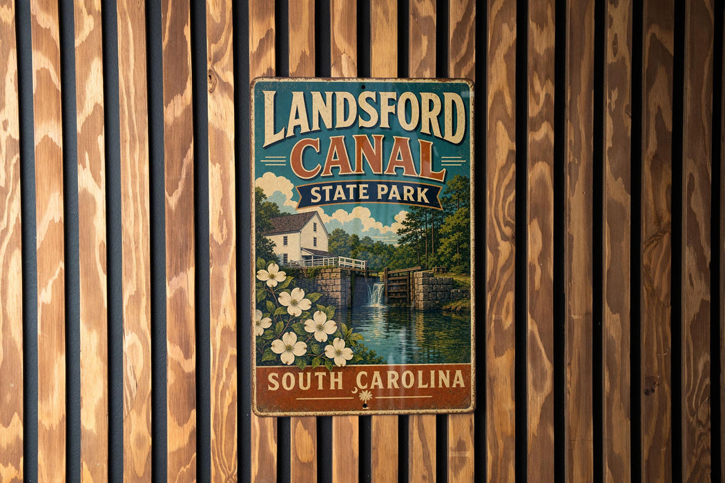 A vintage-style metal sign for Landsford Canal State Park in South Carolina, featuring a scenic illustration of the canal and surrounding landscape.