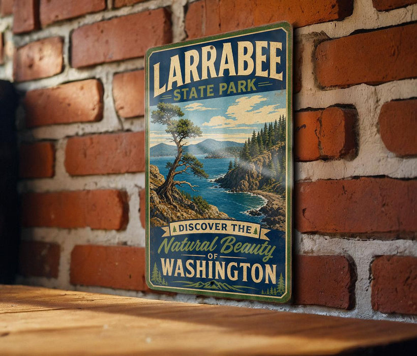 A vintage-style metal sign for Larabee State Park, featuring a scenic landscape with a tree and mountains in the background.