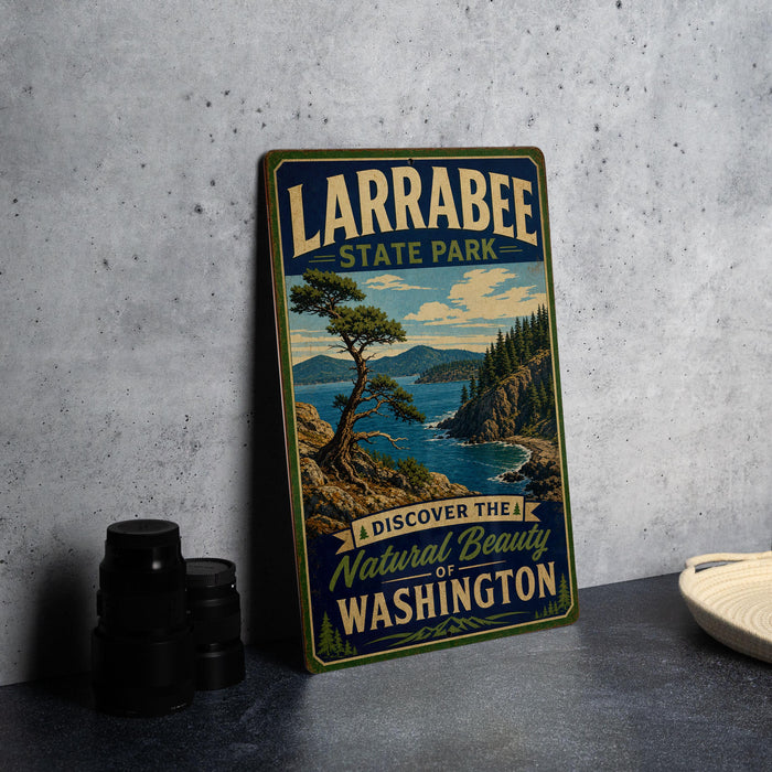 A vintage-style sign for Larabee State Park, featuring a scenic landscape with a tree, mountains, and a body of water.