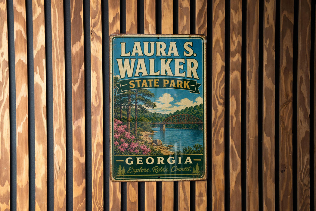 A vintage metal sign for Laura S. Walker State Park in Georgia, featuring a scenic landscape with a lake, bridge, and trees.