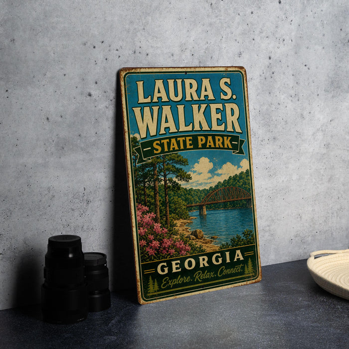 A vintage-style sign for Laura S. Walker State Park in Georgia, featuring a scenic illustration of a bridge and surrounding landscape.