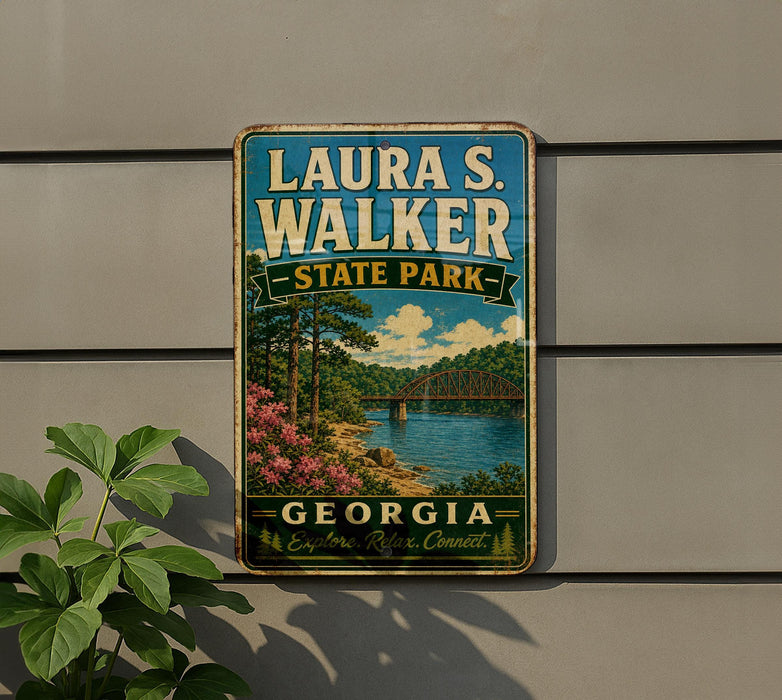 A vintage-style metal sign for Laura S. Walker State Park in Georgia, featuring a scenic landscape with a bridge and water.