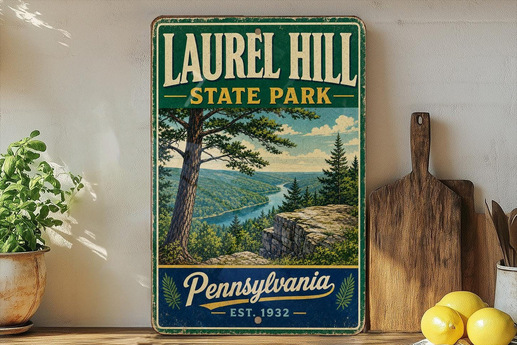 A vintage-style metal sign for Laurel Hill State Park in Pennsylvania, featuring a scenic landscape with a river and pine trees.