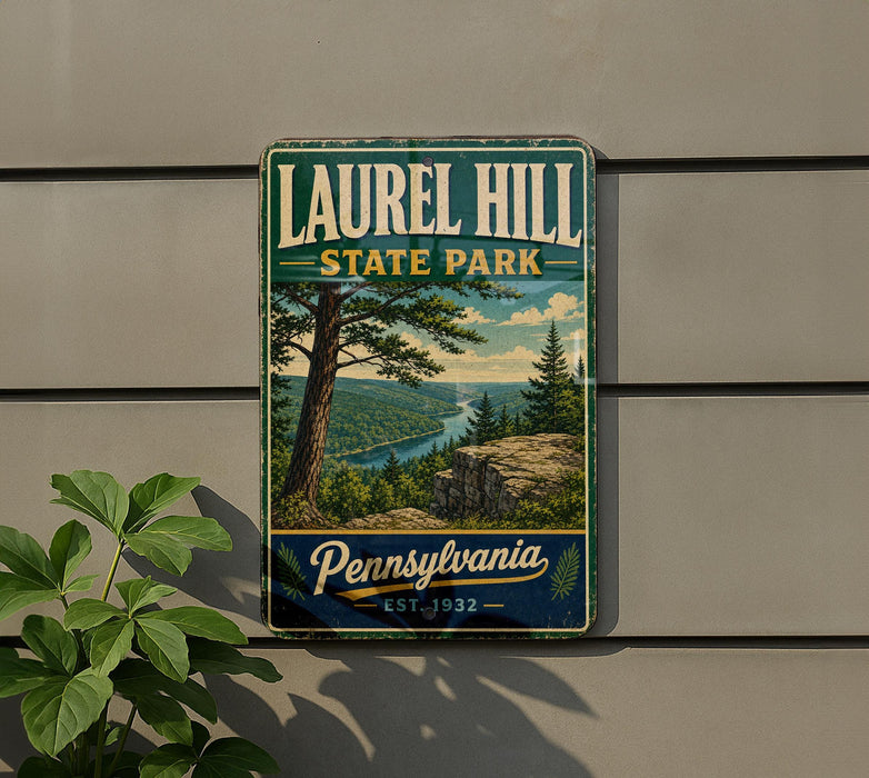 A vintage-style metal sign for Laurel Hill State Park in Pennsylvania, featuring a scenic landscape with a river and pine trees.