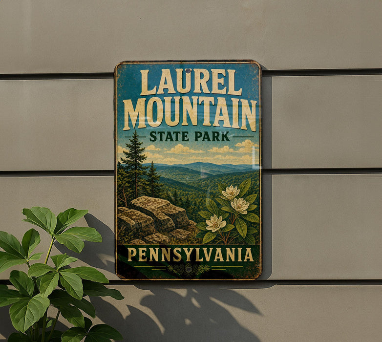 A vintage metal sign for Laurel Mountain State Park in Pennsylvania, featuring a scenic mountain landscape with pine trees and flowers.