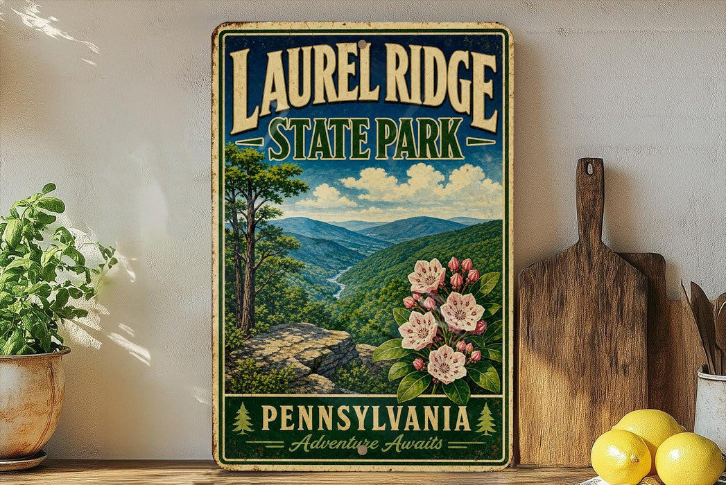A vintage-style metal sign for Laurel Ridge State Park in Pennsylvania, featuring a scenic mountain landscape with trees, flowers, and a river.