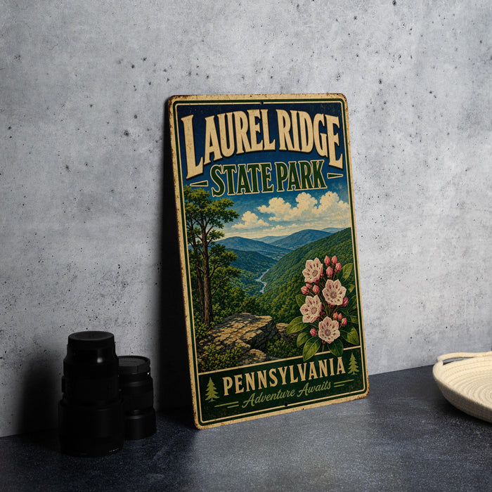 A vintage-style metal sign for Laurel Ridge State Park in Pennsylvania, featuring a scenic landscape with mountains, trees, and flowers.