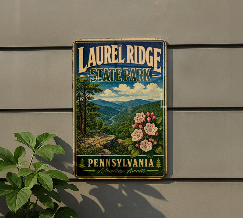 A vintage-style metal sign for Laurel Ridge State Park in Pennsylvania, featuring a scenic landscape with mountains, trees, and flowers.